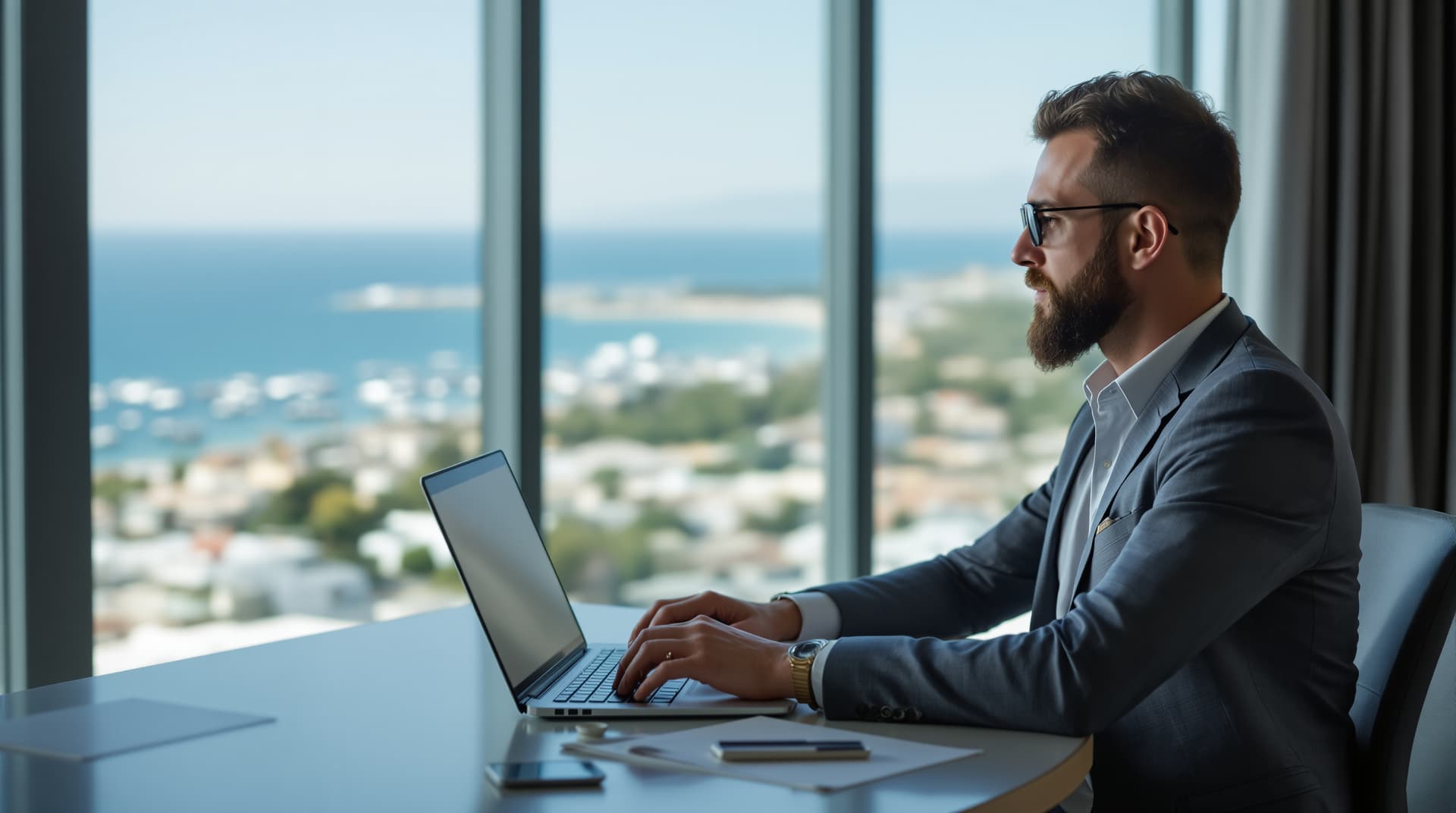 Cyprus property manager reviewing rental enquiries on a laptop at an outdoor office terrace, Limassol seafront visible in background
