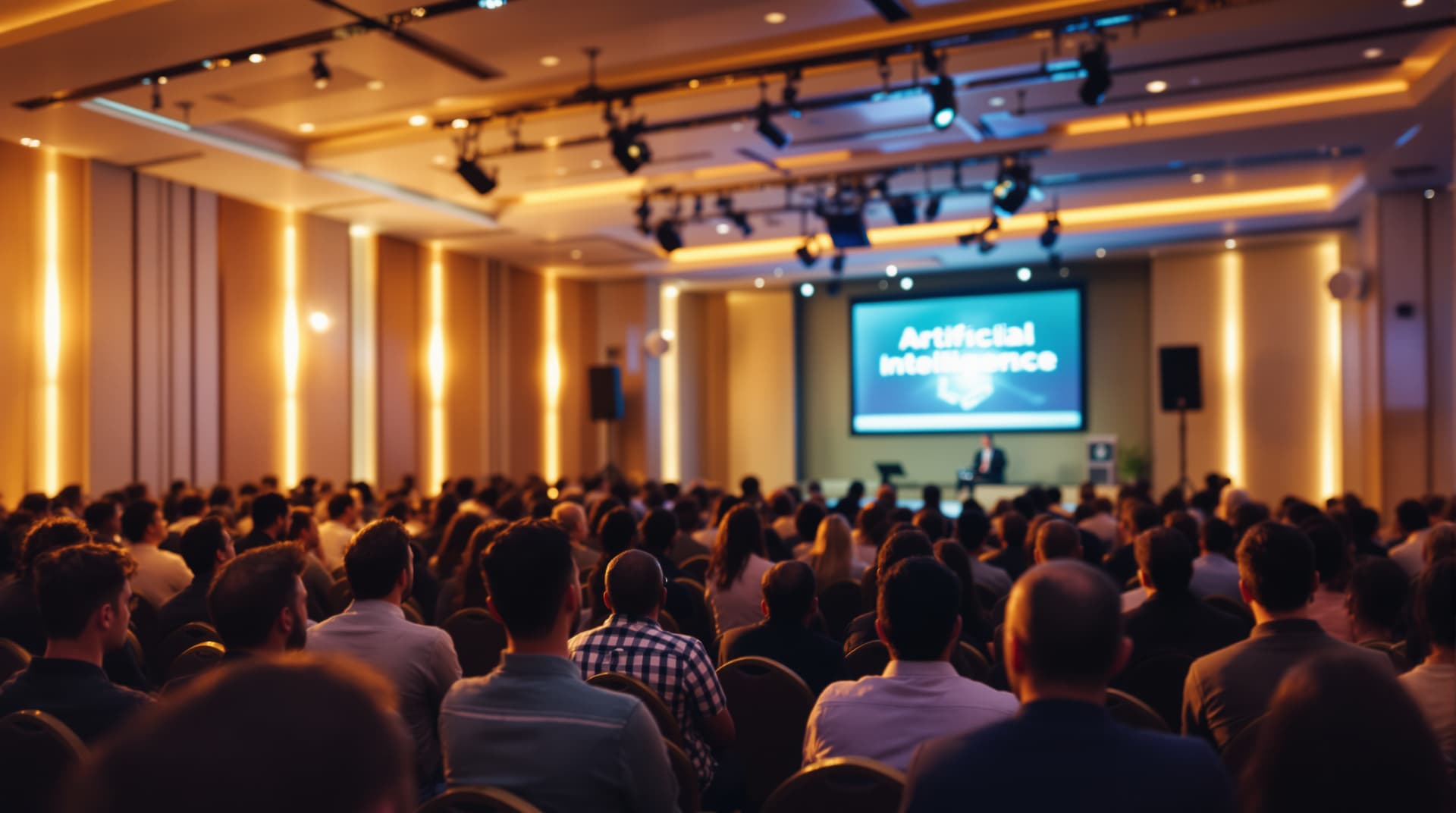 Business professionals attending an AI conference in Cyprus, watching a keynote presentation on artificial intelligence
