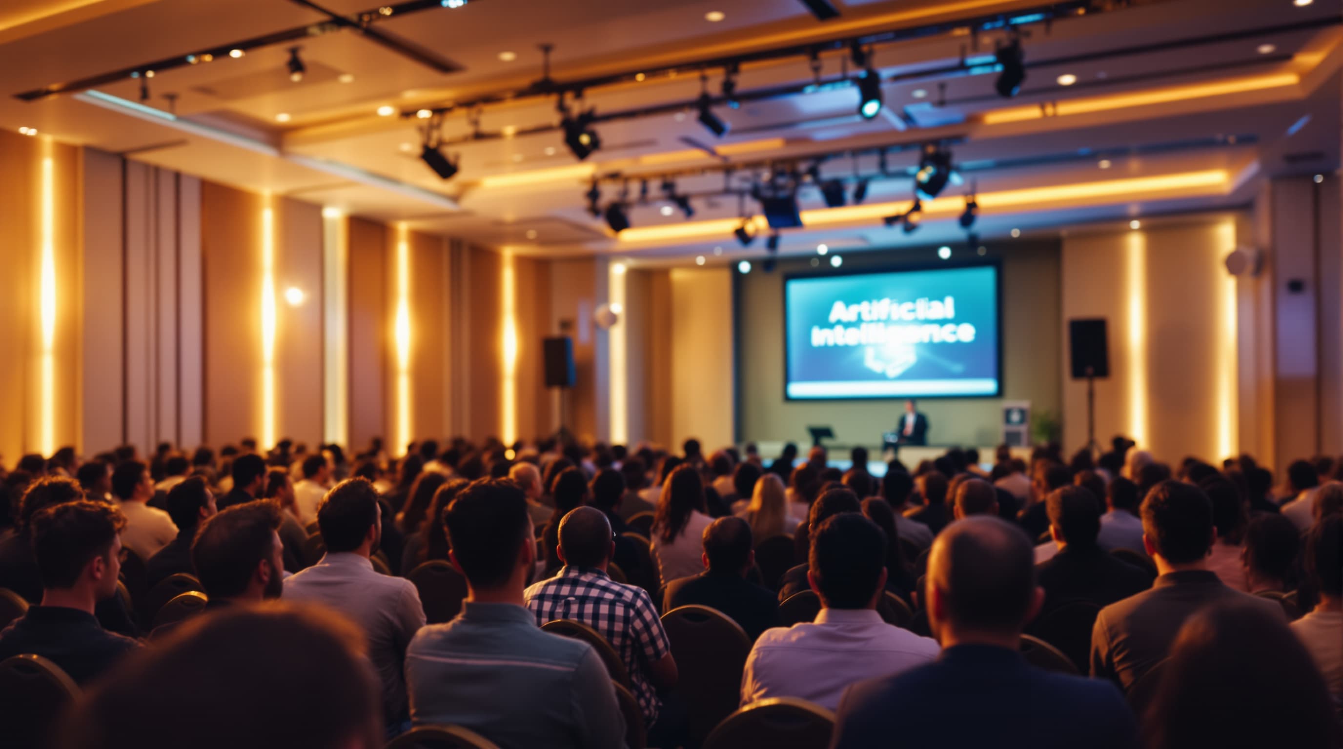 Business professionals attending an AI conference in Cyprus, watching a keynote presentation on artificial intelligence