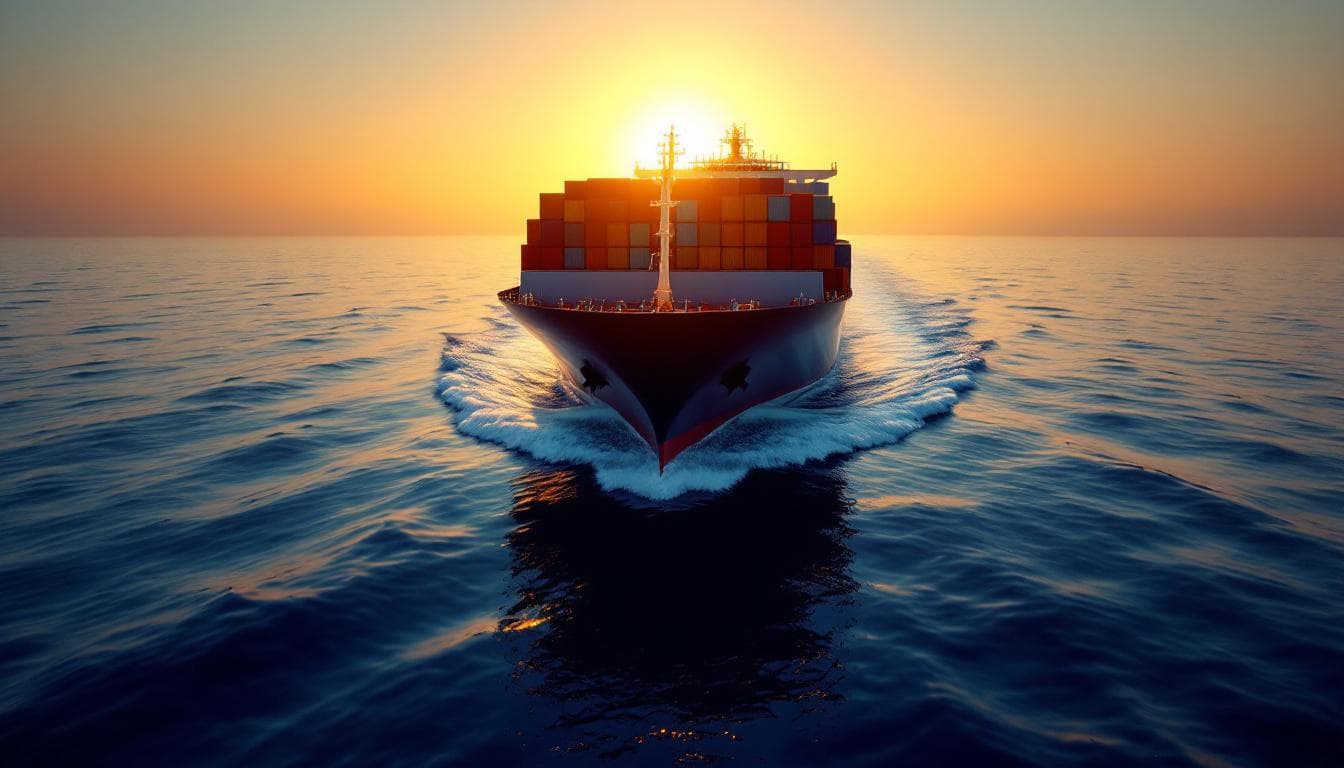A large container ship cutting through the Mediterranean Sea at golden hour, viewed from low water-level perspective