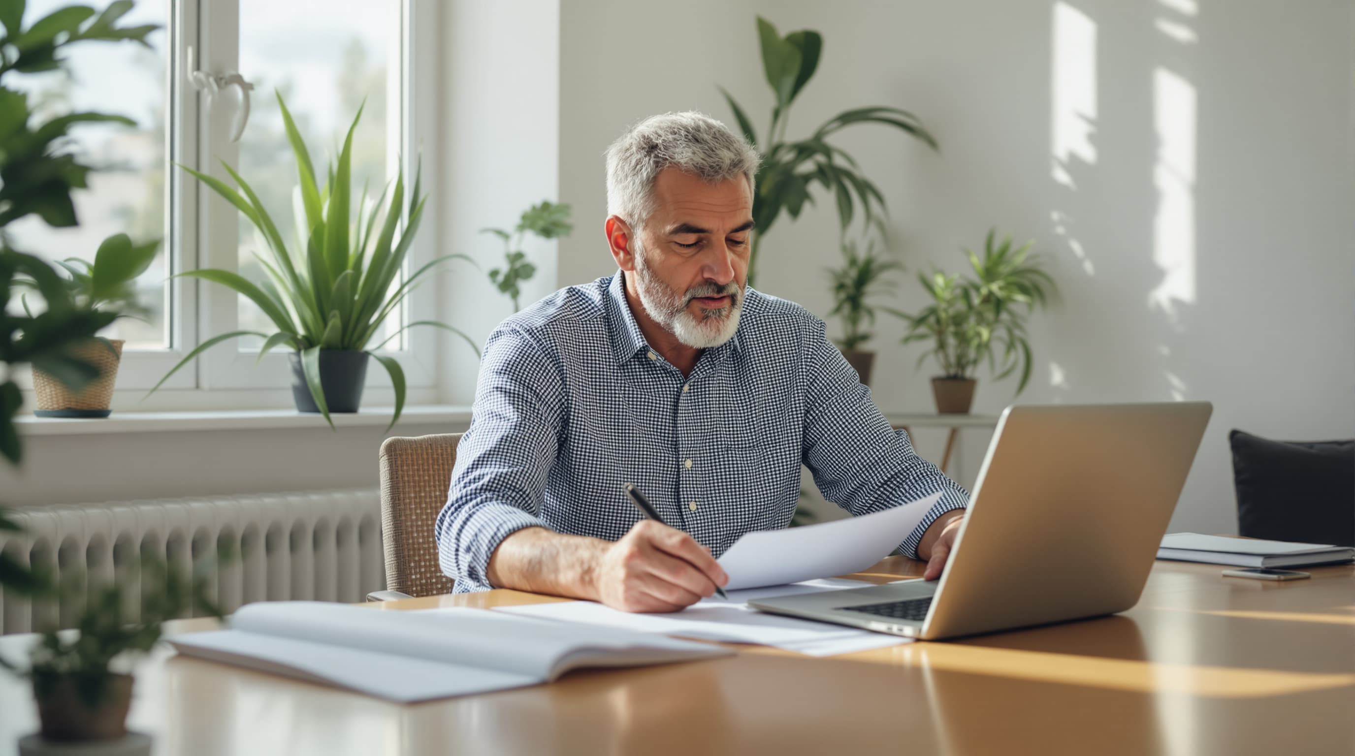 Cyprus business owner reviewing AI compliance documents at a laptop in a sunlit Mediterranean office setting