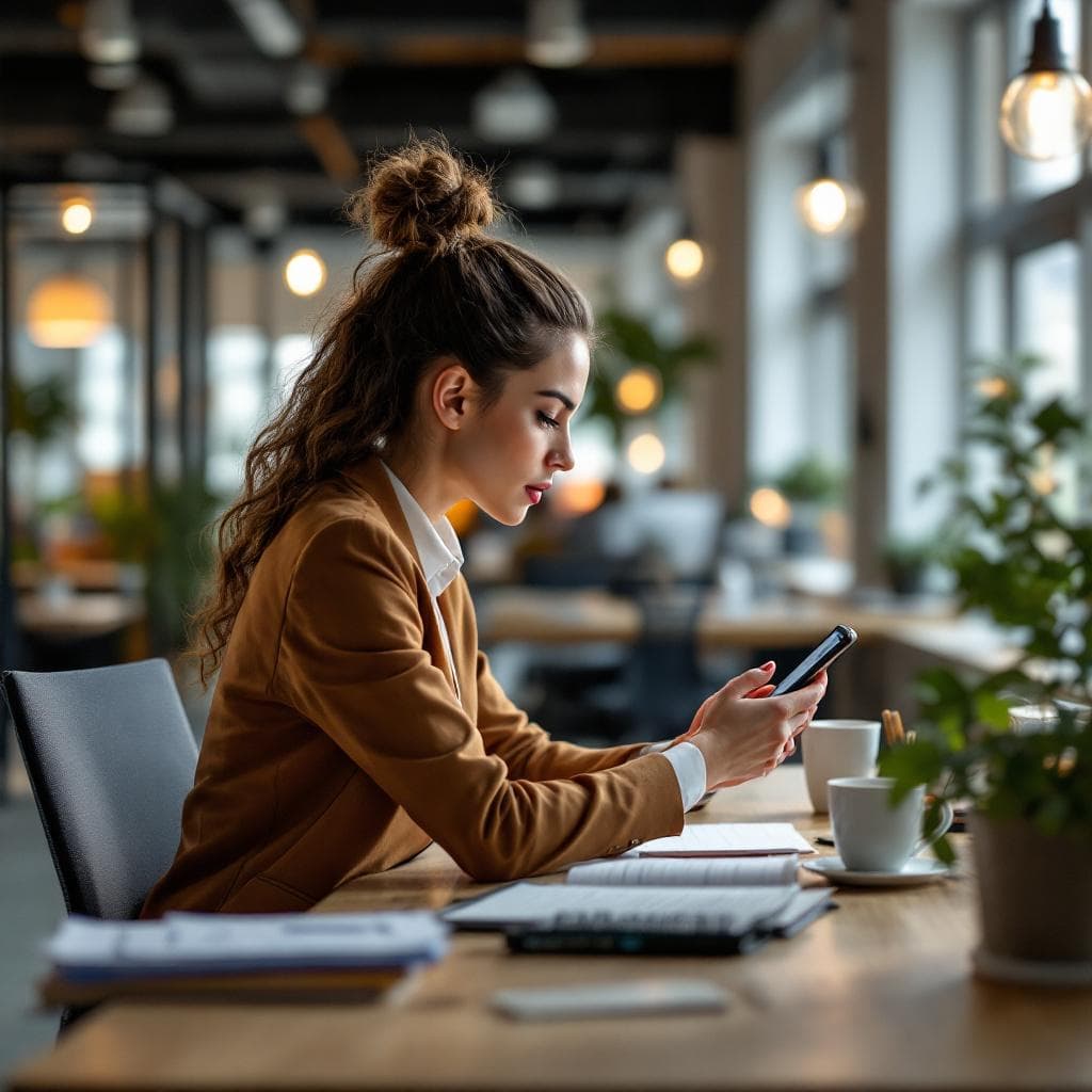 Business professional walking briskly through a modern atrium while on the phone, motion blur conveying urgency and speed in responding to leads