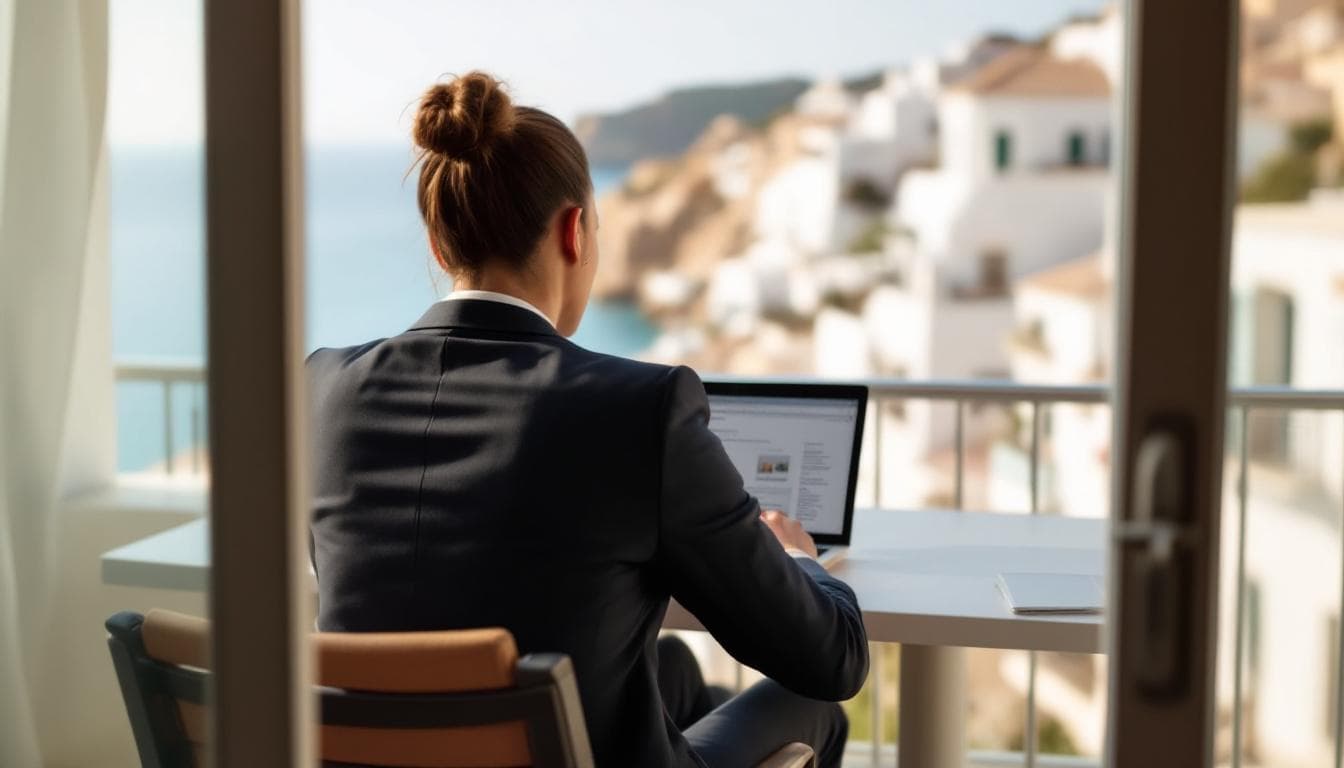 A professional works on a laptop on a Mediterranean apartment terrace, the sea visible in the afternoon light.
