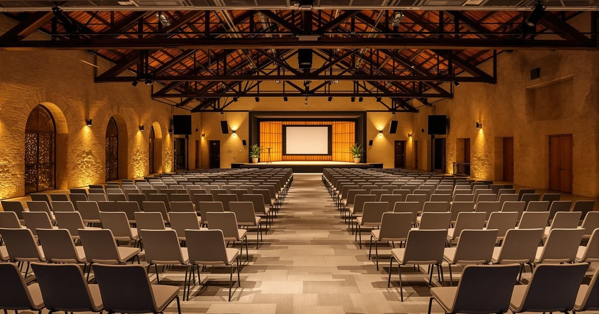Conference stage at the Carob Mill in Limassol set up for a technology event, warm evening light, wide angle editorial photograph