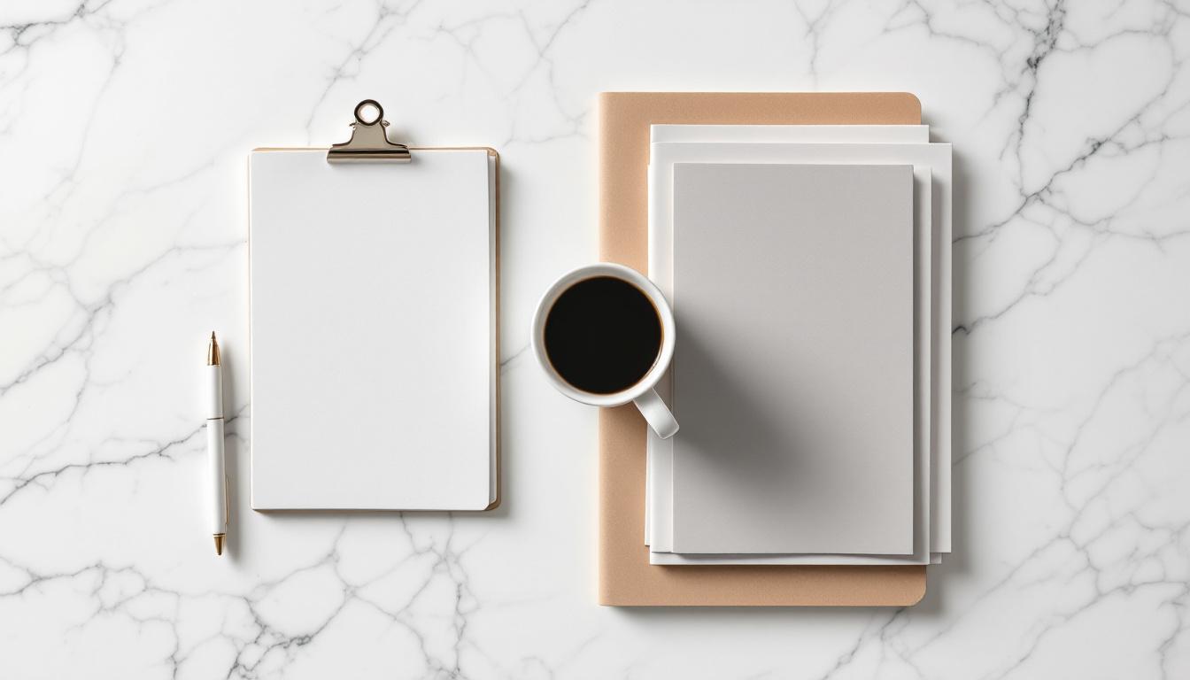A flat-lay desk composition showing two arranged zones of documents and a coffee cup, suggesting a business comparison.