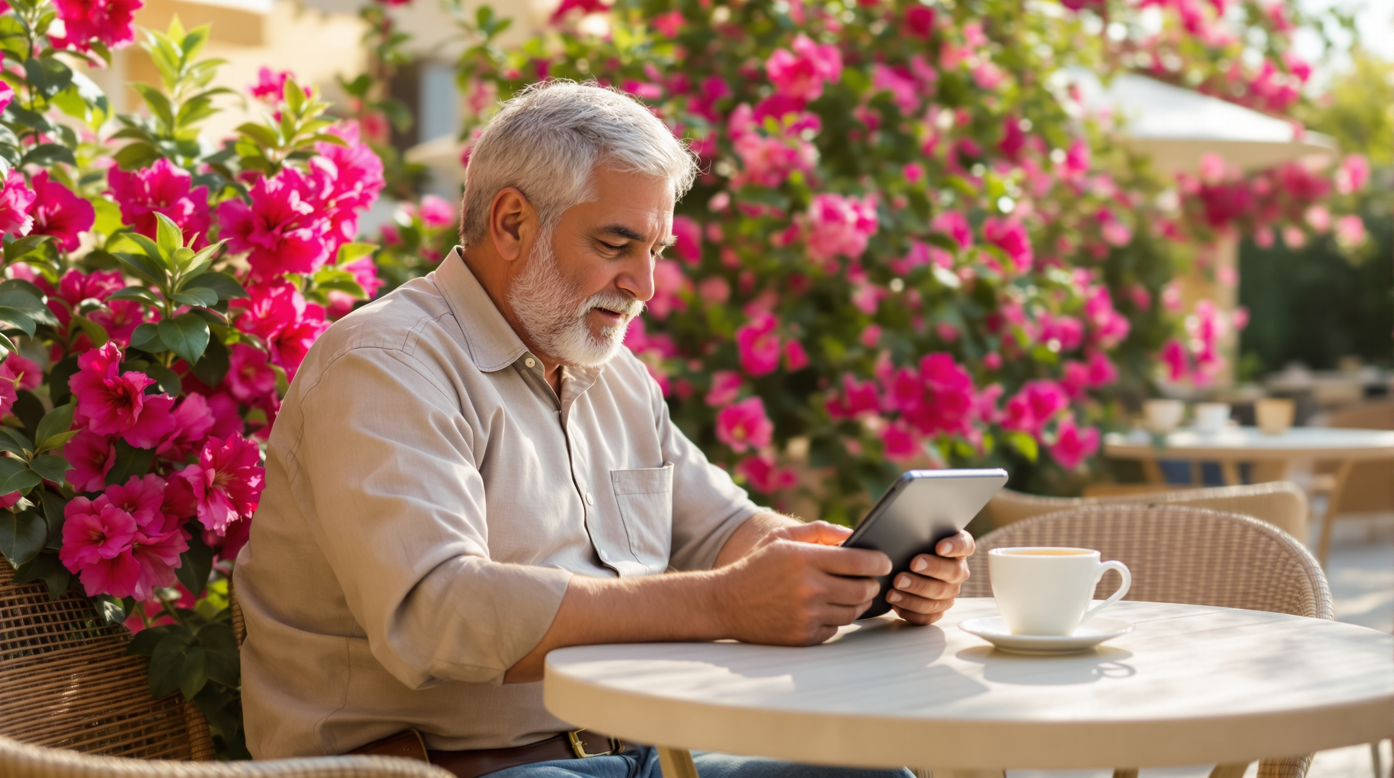 Cyprus restaurant owner reviewing guest enquiries on a tablet at an outdoor terrace table, morning light and espresso nearby