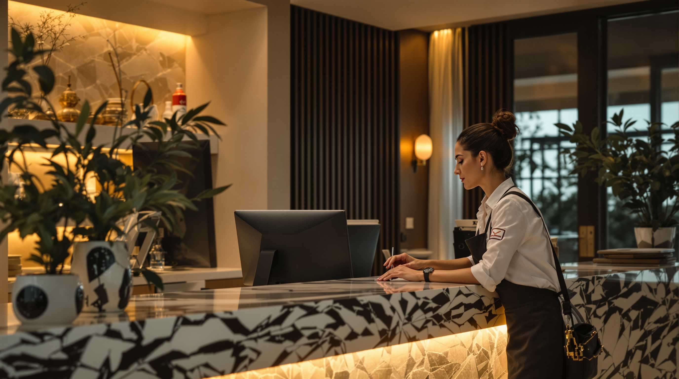 Cyprus boutique hotel reception staff reviewing AI-managed guest messages on a computer screen, modern Mediterranean interior with marble counter