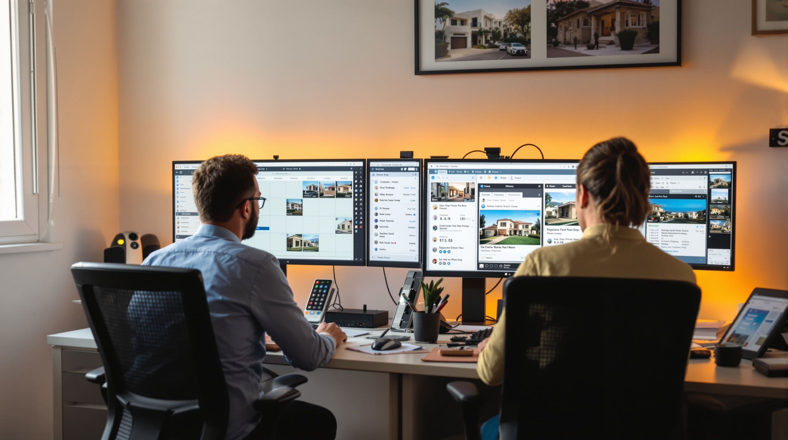 Busy Cyprus property management office with multiple screens showing property listings and enquiry management software, natural light from window