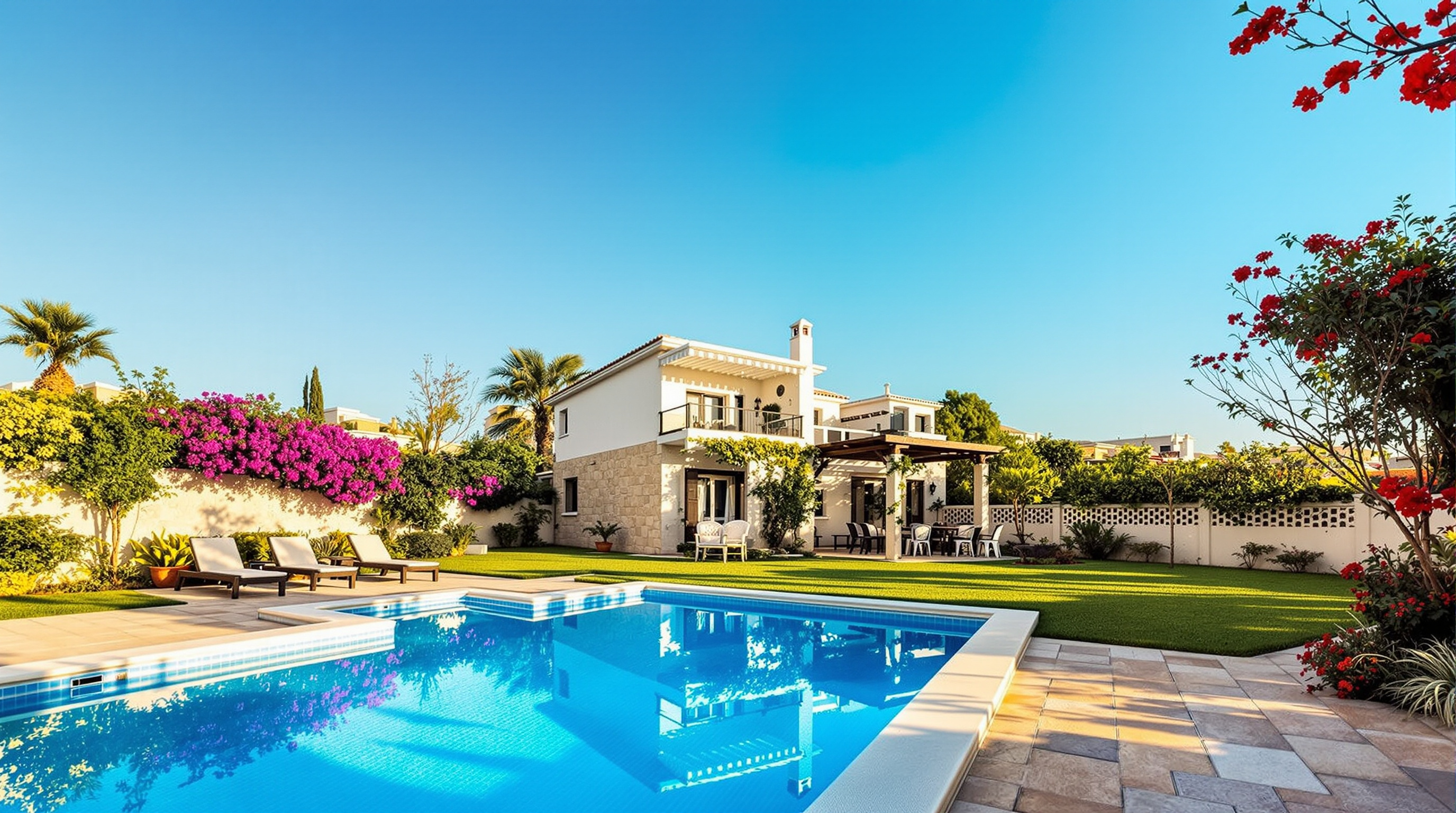Cyprus villa property with manicured garden and pool, professional real estate photography style, golden afternoon light, Paphos region