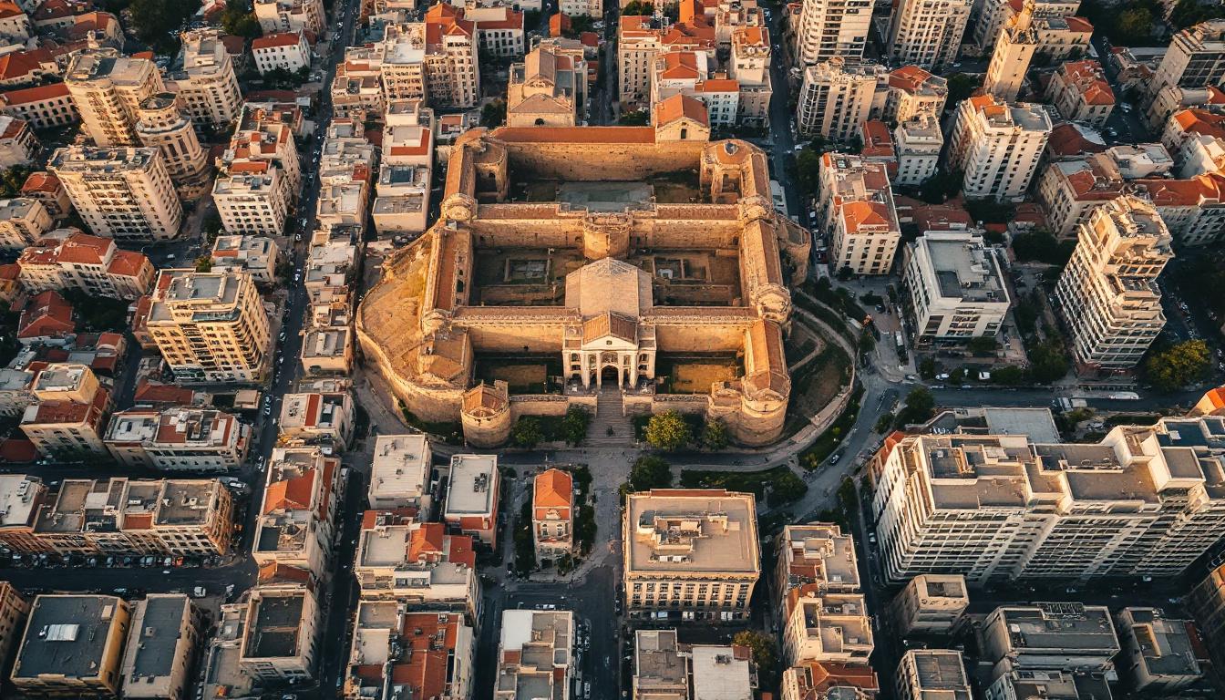 Aerial view of Nicosia Cyprus showing the historic old town fortifications alongside the modern business district