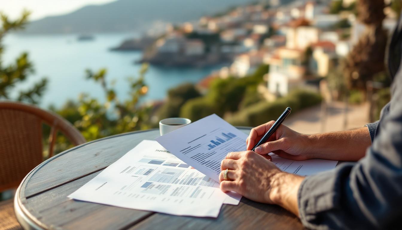 Business owner reviewing commercial property investment documents at an outdoor cafe with Mediterranean coastal view