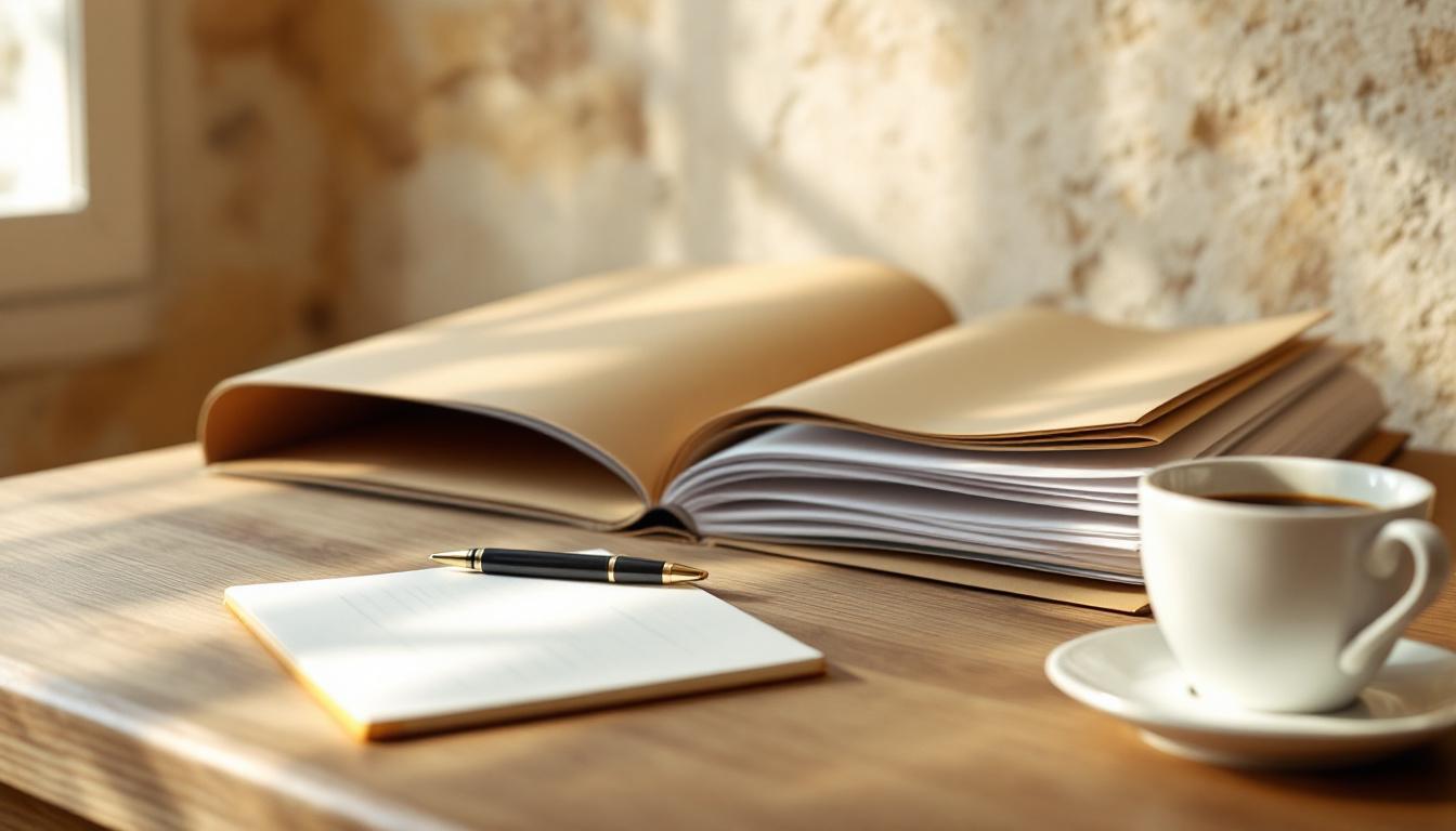 A professional desk with legal documents, a pen, and an espresso cup in a warm Mediterranean office setting.