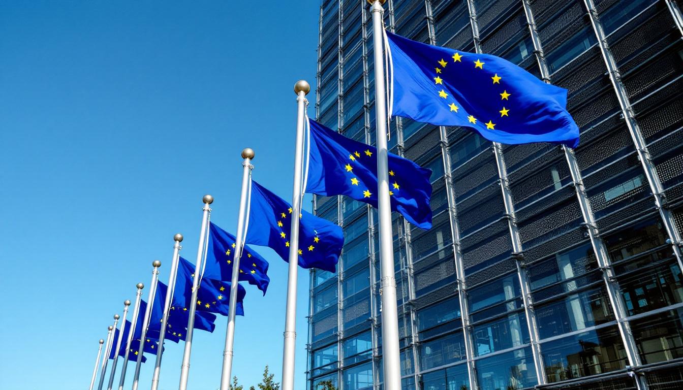 European Union flags outside an institutional building representing EU grant funding programmes