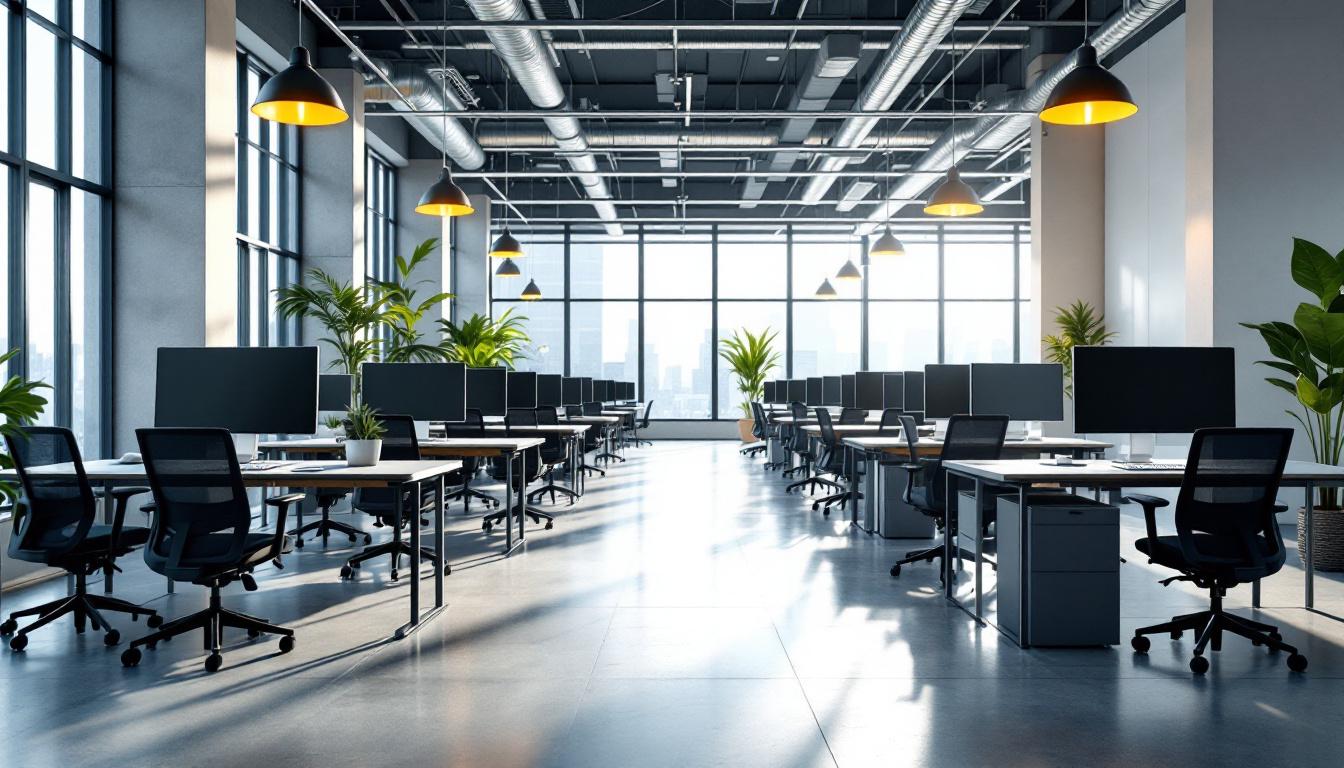 Modern tech startup office workspace with rows of development desks in an open-plan environment