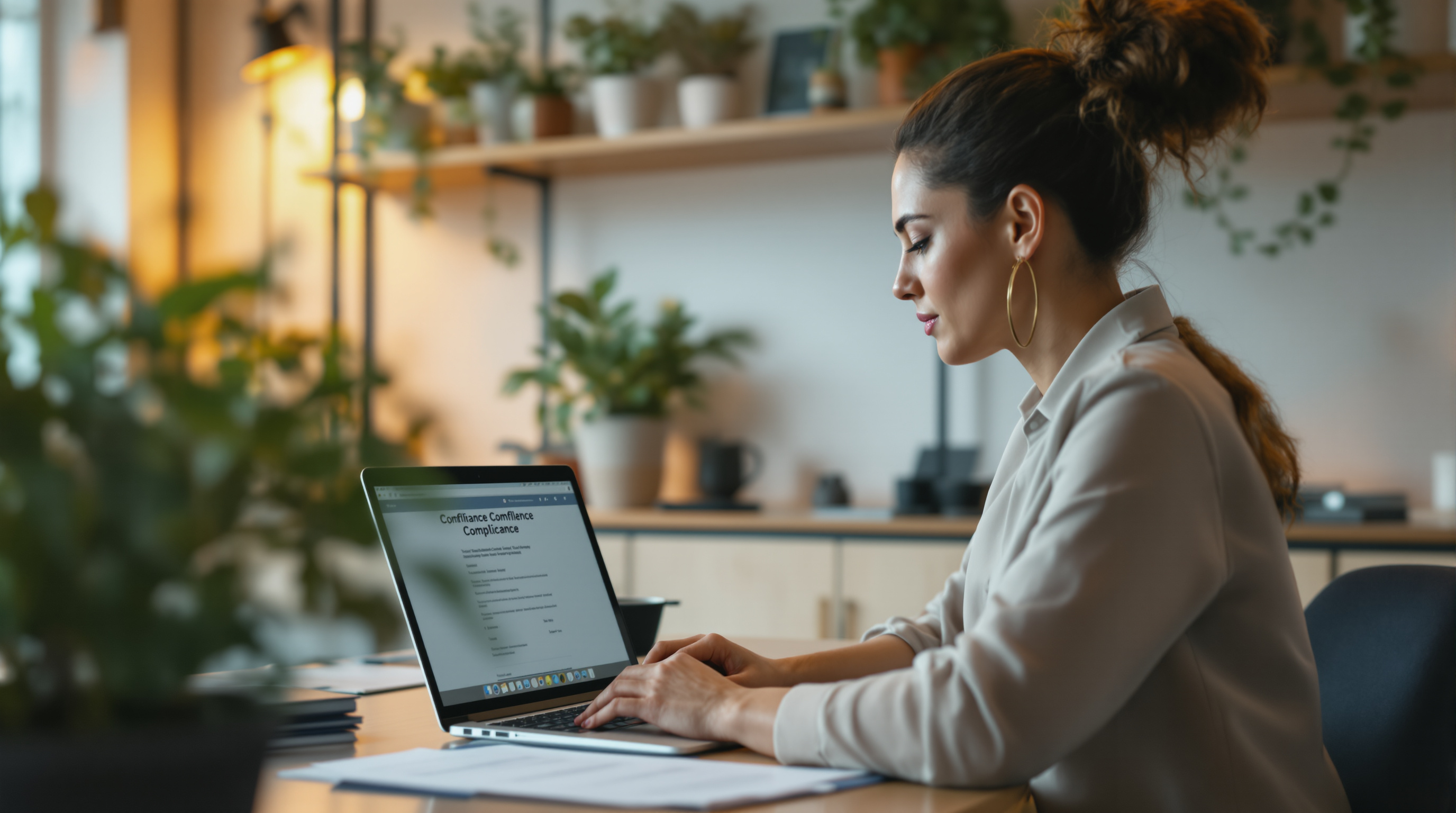 Professional in a Cyprus law office reviewing AI compliance documentation on a laptop, warm ambient office light, shallow depth of field