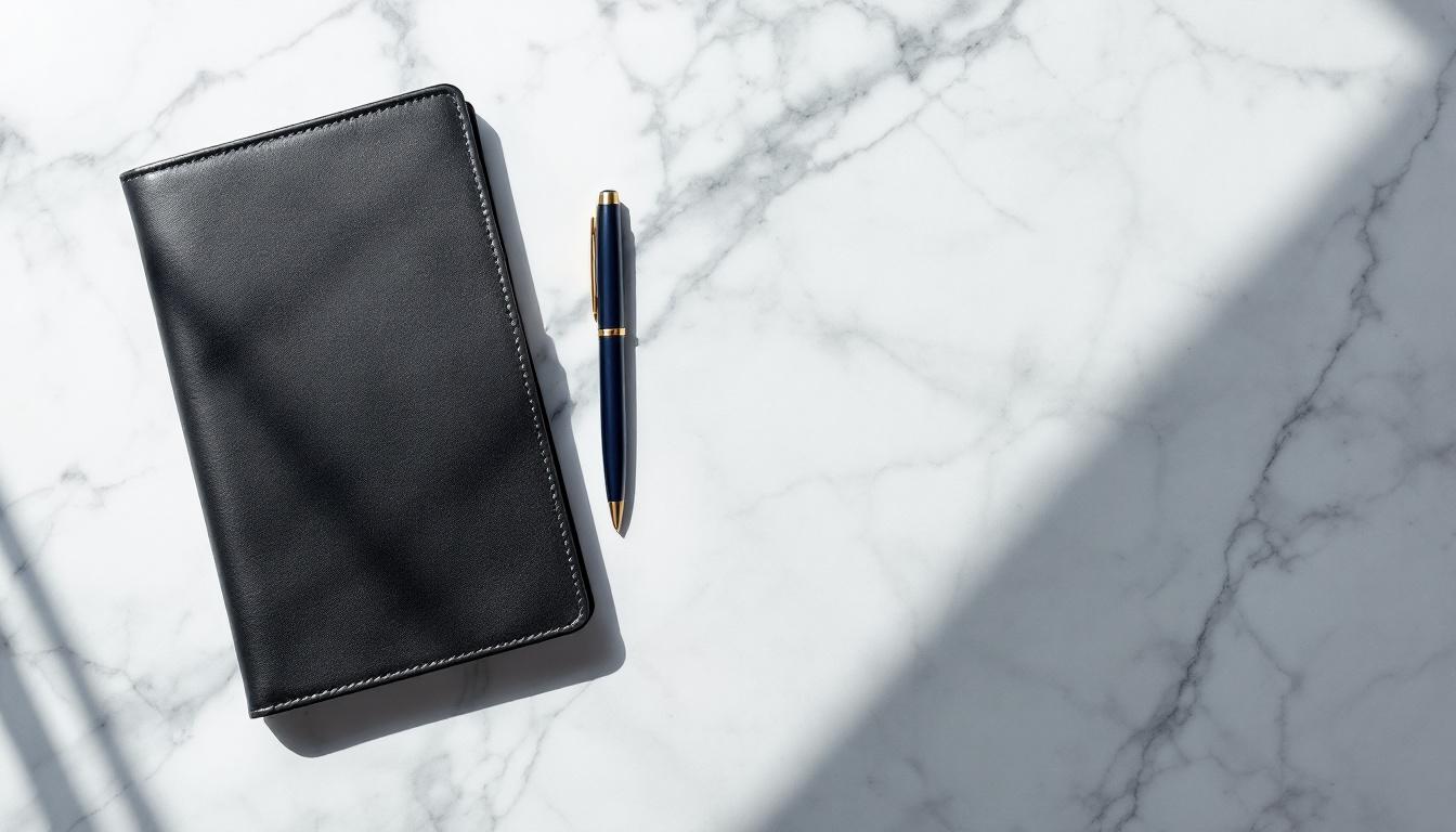 A clean desk with a closed document folder, fountain pen, and espresso cup in cool natural light.