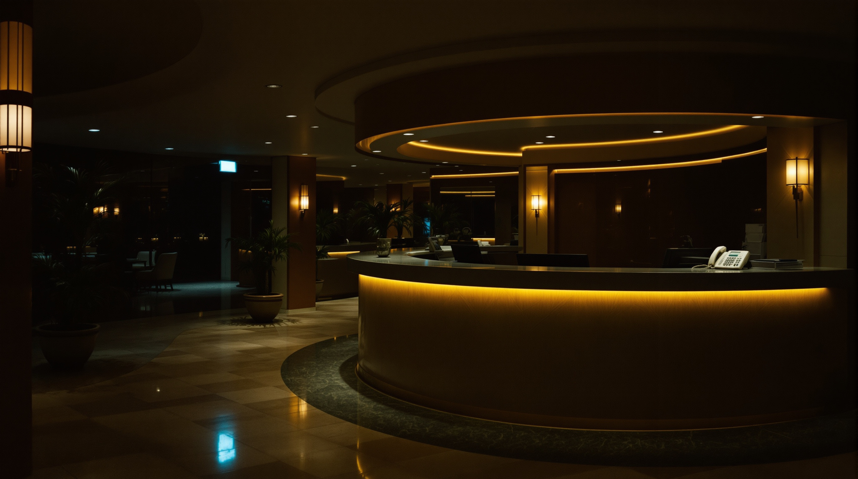 Cyprus hotel front desk reception area empty during off-hours, phone on desk, warm lobby lighting at night