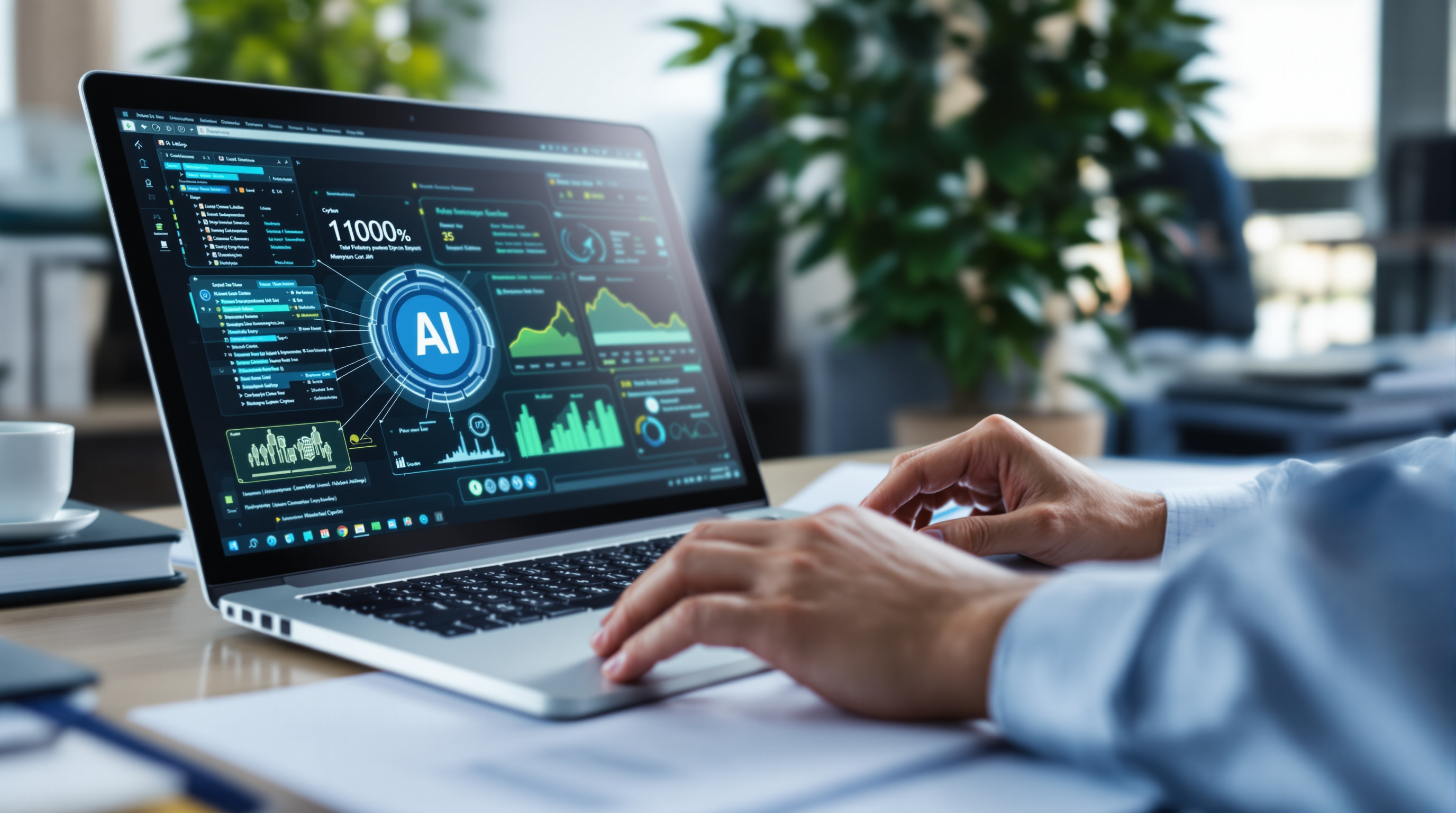 Professional service office in Limassol Cyprus with AI software displayed alongside business documents